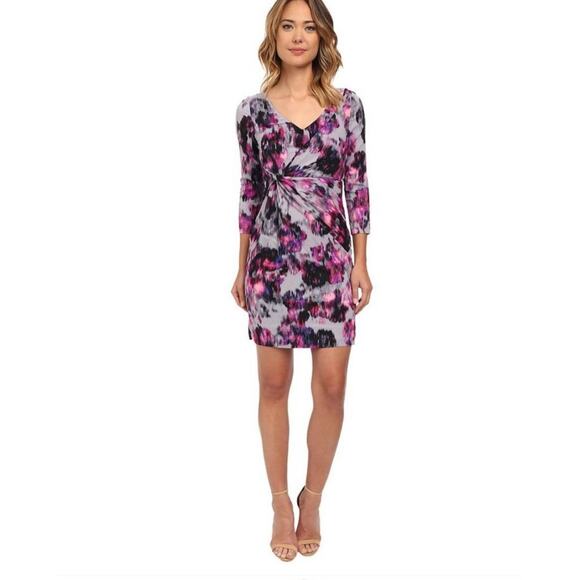 NYDJ Mini Dress Sylvia Berry Tweed V-Neck Side Twist Slimming Size 4 PETITE NEW - Picture 1 of 7